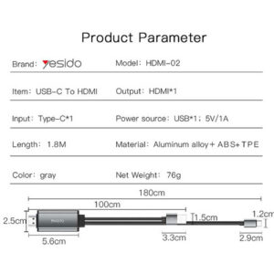 کابل Type-Cبه Hdmi یسیدو 4k مدل HM02 طول 1.8 متر